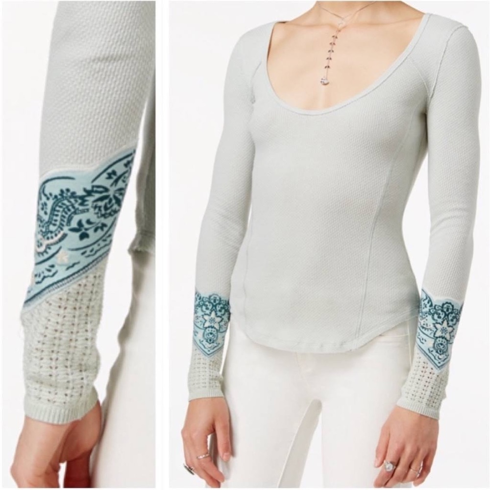Free People Bandana Cuff Waffle Knit Thermal Long Sleeve Mint